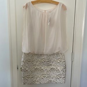 Aiden cream blouson dress with gold jacquard, size 10, never worn, new with tags